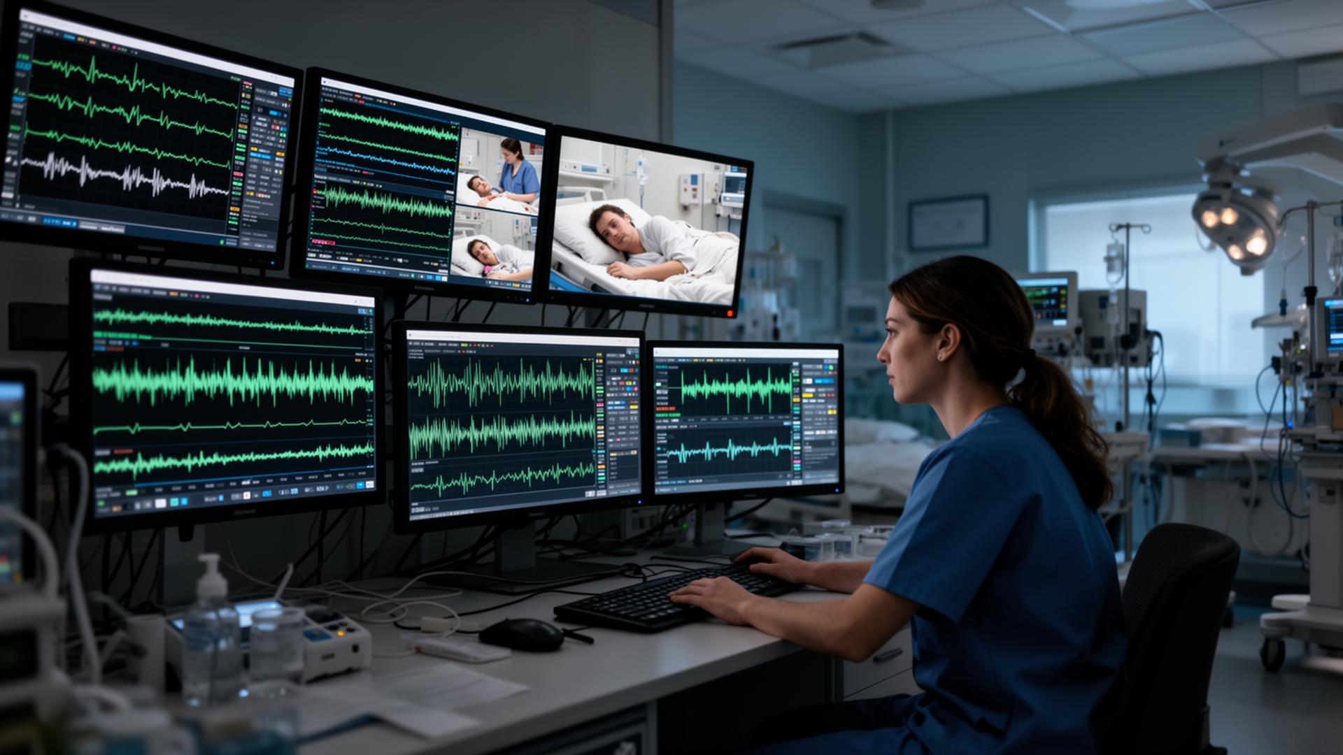 Continuous long-term EEG monitoring station with multiple brain wave displays in a hospital epilepsy monitoring unit