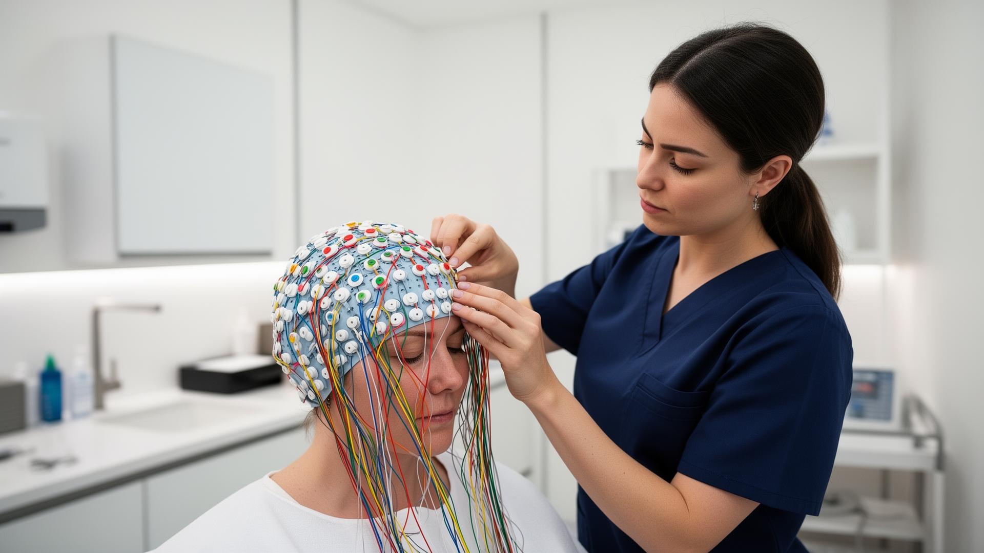 Professional EEG technologist performing a clinical EEG study on a patient