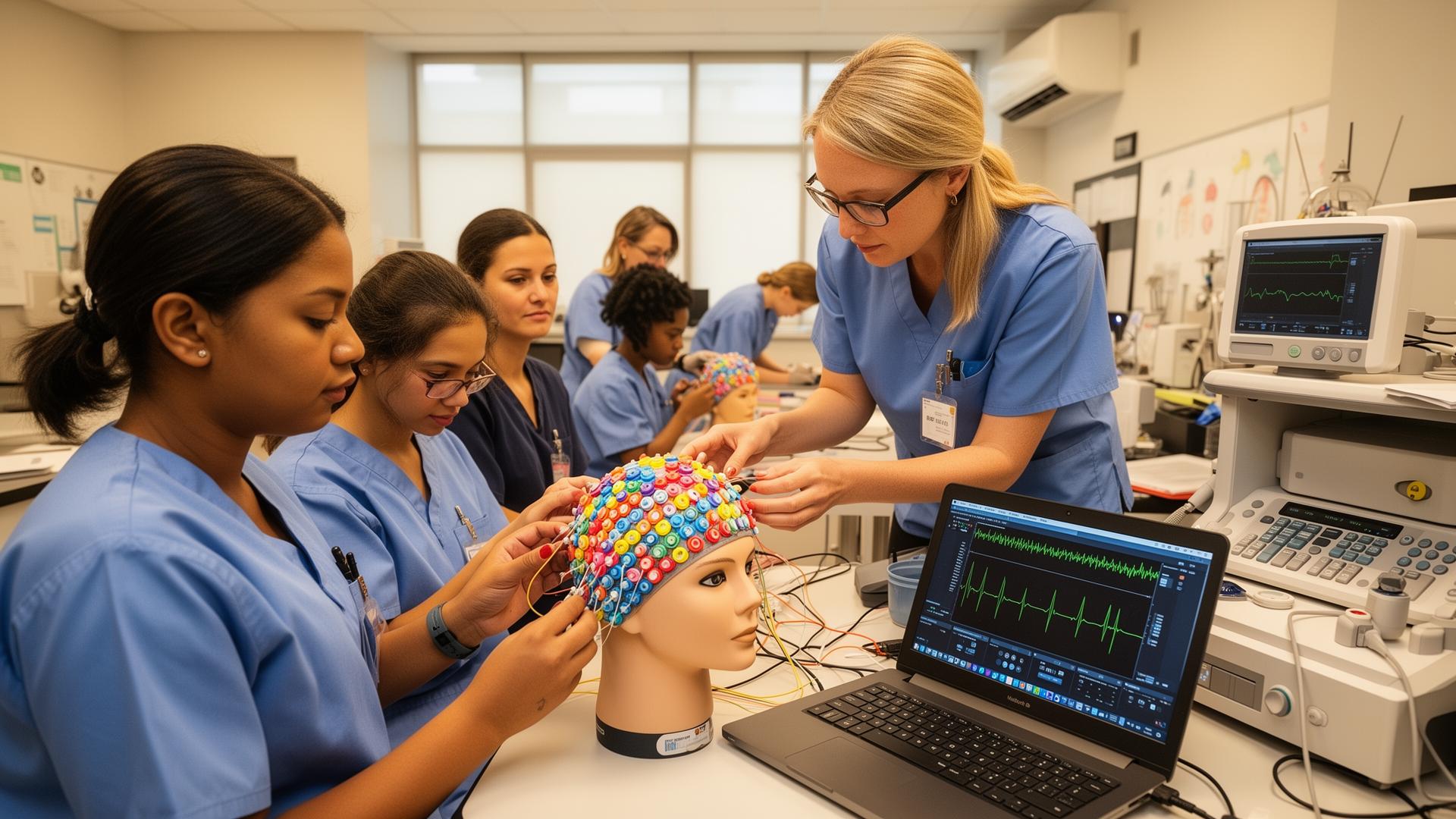 EEG Boot Camp students learning hands-on electrode placement in a training lab
