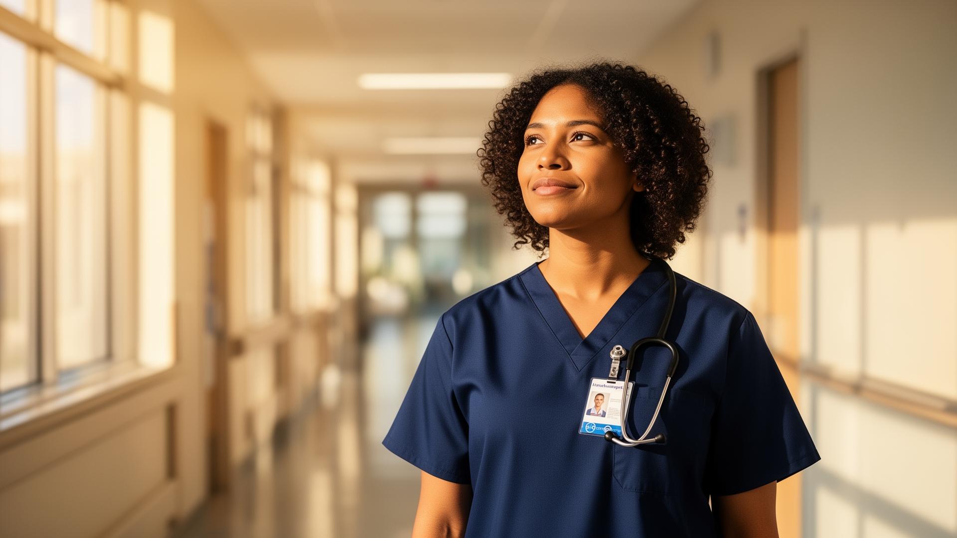 A confident healthcare graduate in scrubs in a hospital corridor — looking forward to a career in neurodiagnostic technology
